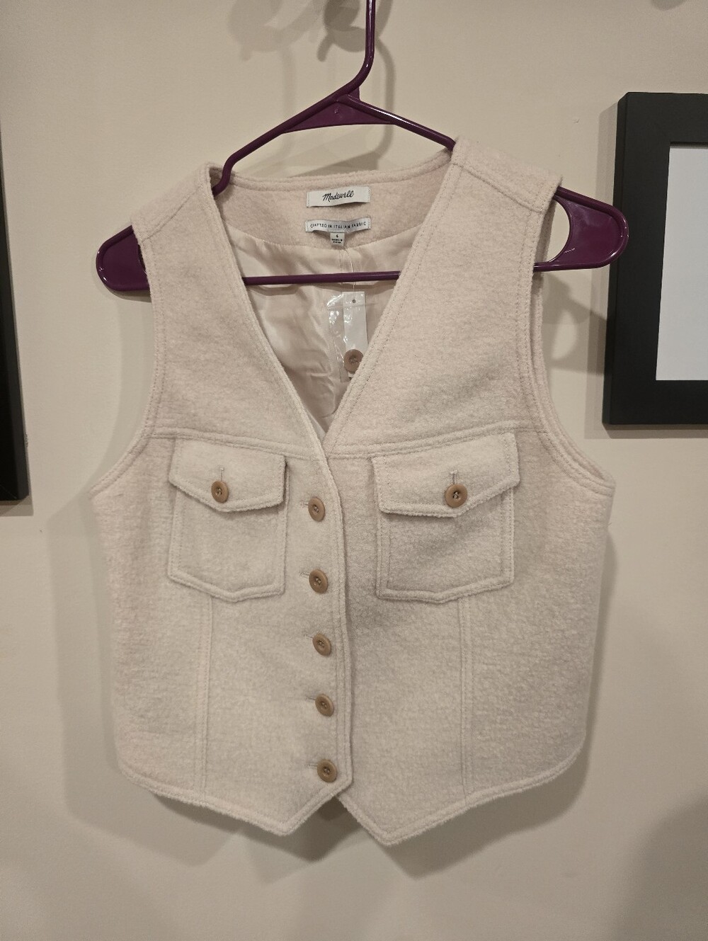 Madewell Cream Wool-Blend Button Front Vest